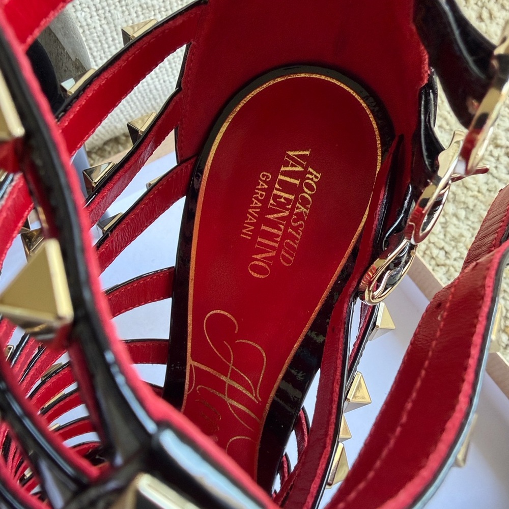 Valentino Garavani Black Patent and Red Studded Cage Stilettos - Picture 2 of 8